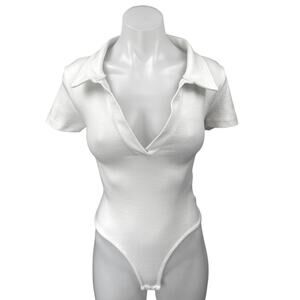 Missguided White Short Sleeve Collar V-Neck Cutout Tie Back Bodysuit Polo Top 6